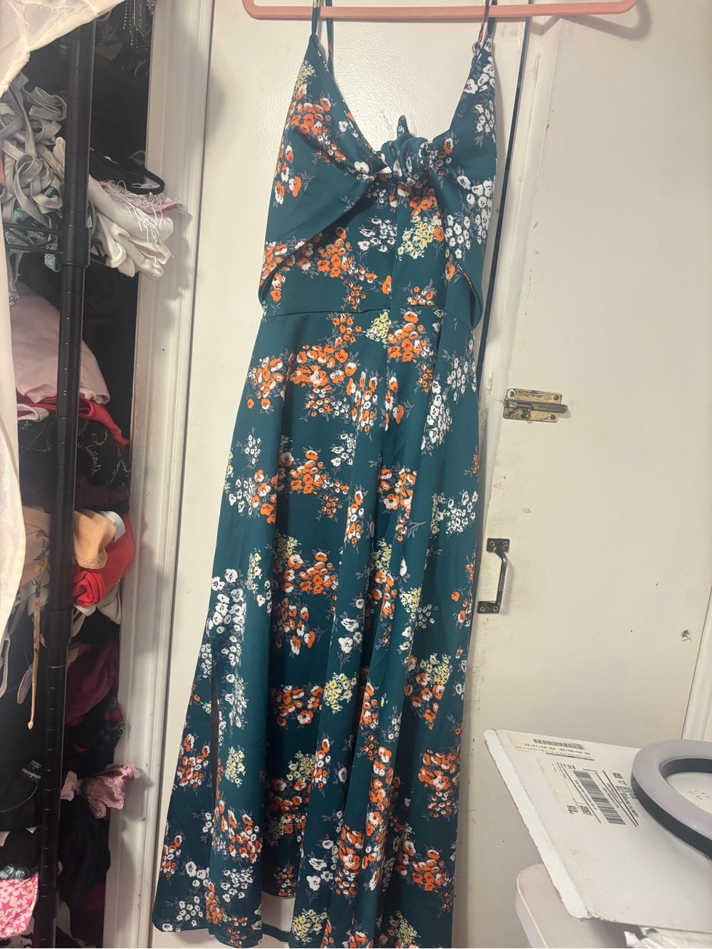 Forever 21 Teal Floral Tie-Front Maxi Dress with Orange & White Blooms